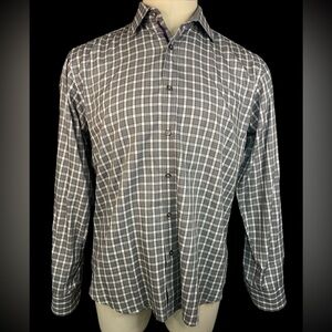 Bugatchi Gray and White Plaid Shaped Fit Long Sleeve BU Shirt Men’s Large